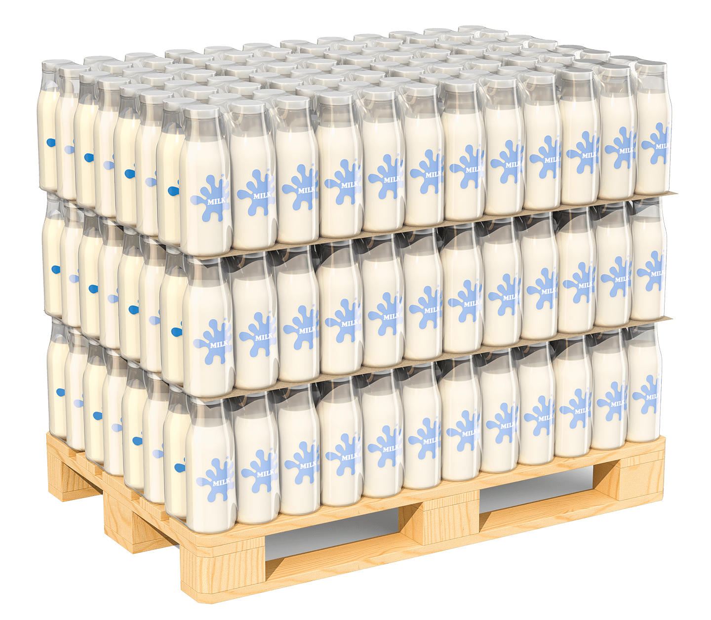 Shrink wrapped bottles on a pallet